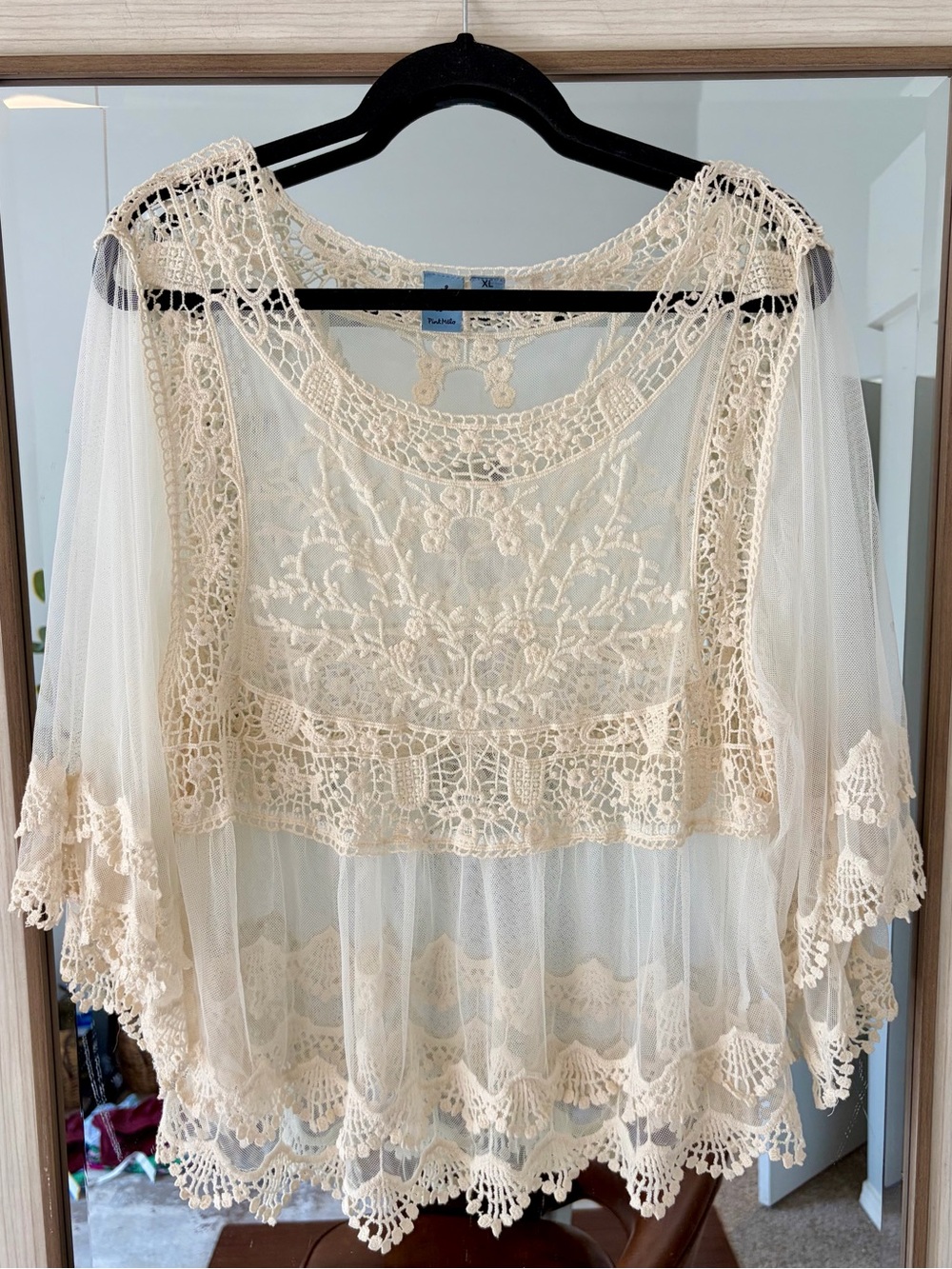 Pink Melo Bohemian Cream Ivory Sheer Lace Flowy top size XL casual layer pretty
